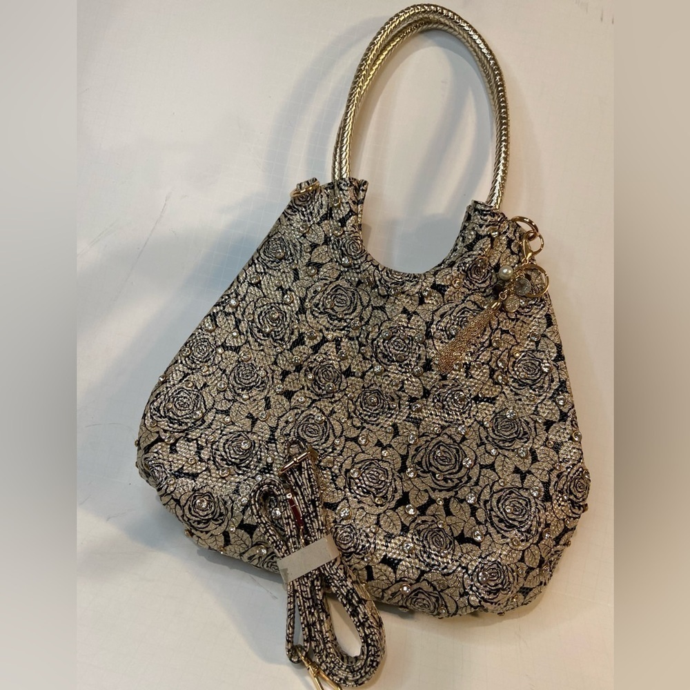 NWT~Faux Patent Leather Floral Crossbody Purse w/Rhinestone Rivets & Keychain